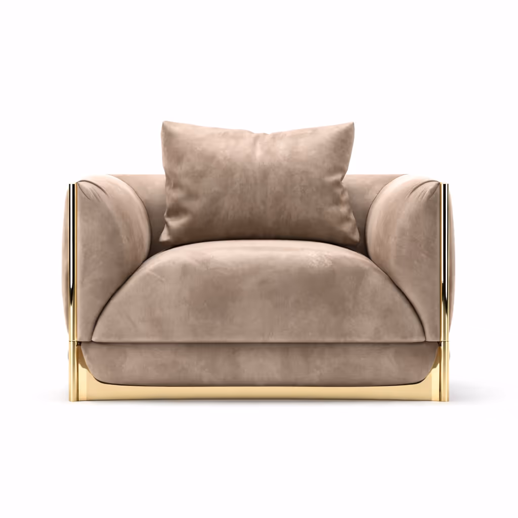 Aroha House “Vienna Luxe” Wide Plush Lounge Chair — Champagne Velvet + Gold Base